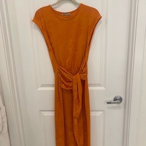 zara slinky orange midi dress with wrap